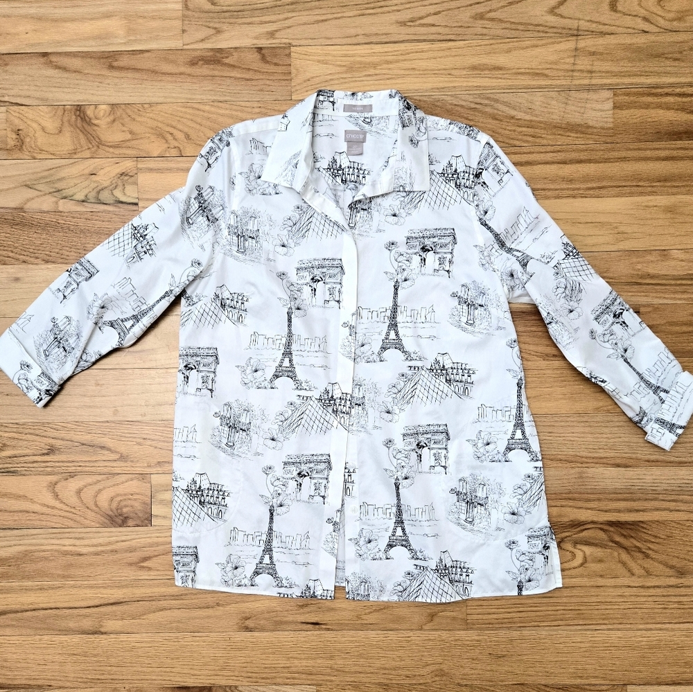 Chico's 100% Cotton Women's Ivory Graphic Collared Shirt - Paris